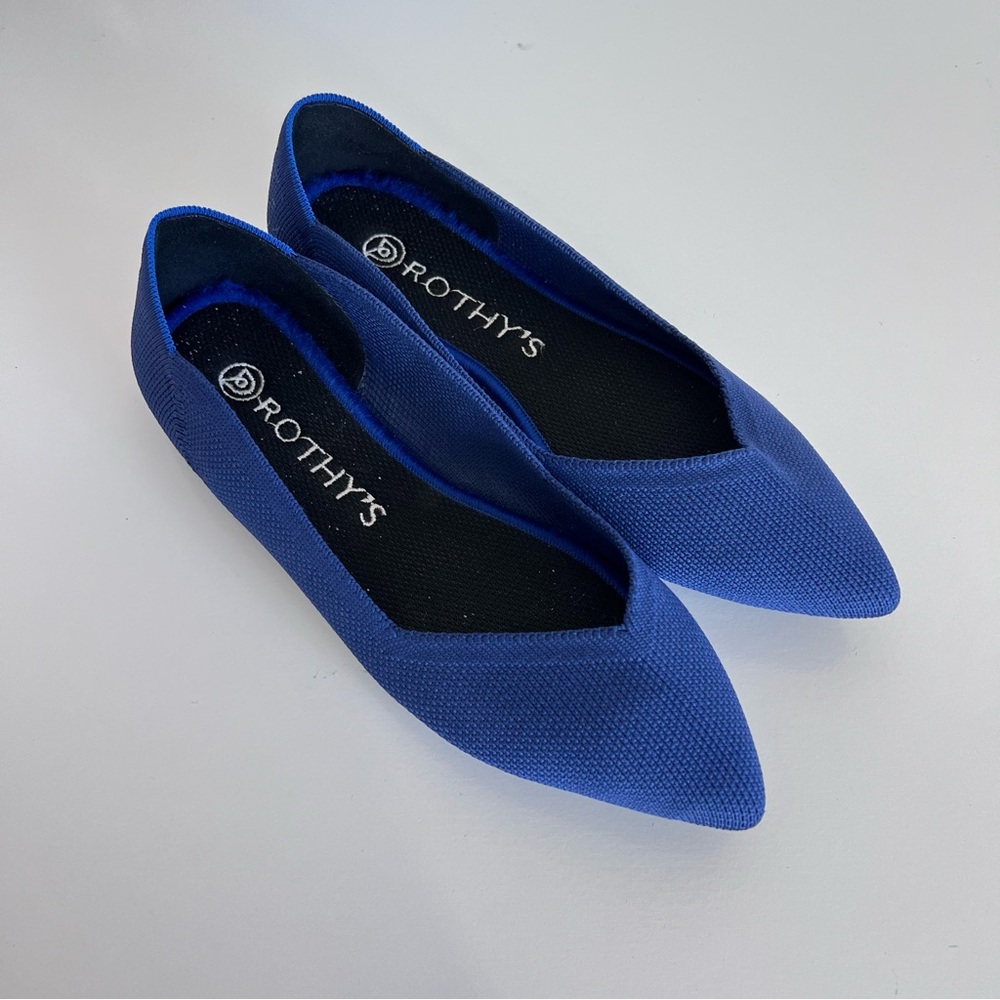 Rothy's The Point Women's Blue Knit Flats Red and White Heel Stripe - Picture 2 of 7